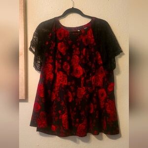 Black top with Red roses, lace cap sleeves